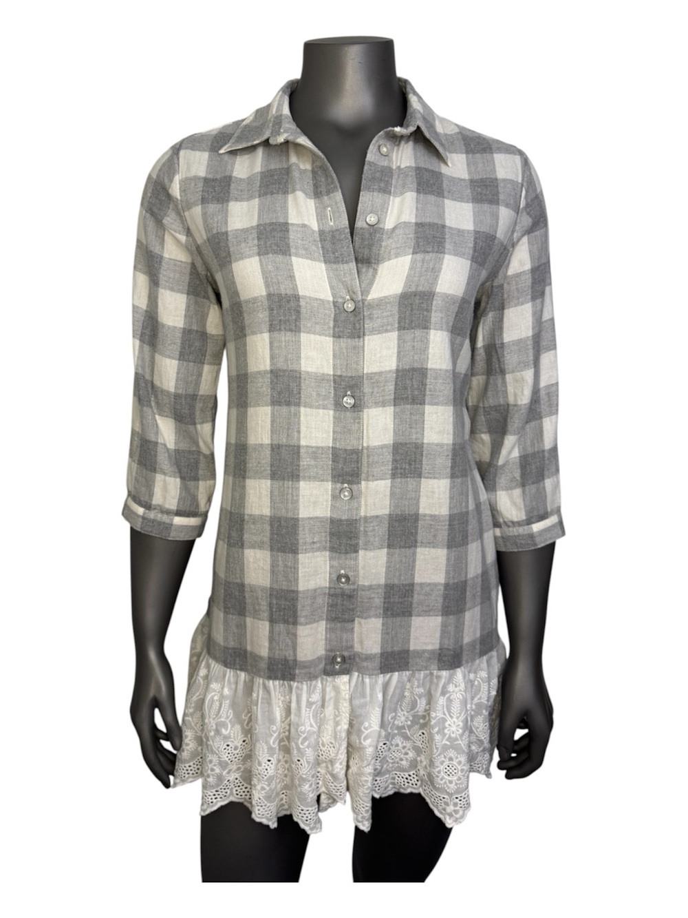 Soft Surroundings Gray and White Plaid Button-Down Tunic with Lace Hem